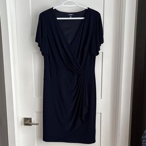 Chaps Navy Faux-Wrap Midi Dress with Draped Knot